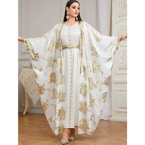 Luxury Eid Wedding Party <b>White</b> <b>Gold</b> Flower Print Sequin Muslim Women 2 Piece <b>Abaya</b> Dresses - Product Image 2