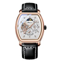 Montre mécanique squelette tonneau de luxe pour homme en or rose avec bracelet en cuir véritable, montre automatique haut de gamme pour le sport et les affaires