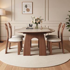 Mesa de comedor extensible de madera maciza y travertino con función plegable para casas pequeñas y salas de estar de estilo retro - Product Image 1