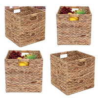 Panier de rangement pliable en bambou tressé carré de 12 pouces en jacinthe d'eau naturelle pour sous l'étagère, boîtes cubiques pliables pour le linge