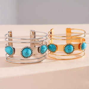 Bracelet ouvert multicouche en acier inoxydable avec pierre naturelle en forme de goutte d'eau, style ethnique vintage, bijou de luxe exagéré pour femme - Product Image 2