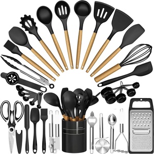 Ustensiles de cuisine en silicone avec manche en bois, ensemble d'ustensiles de cuisine en silicone, ustensiles de cuisine en silicone avec support - Product Image 1