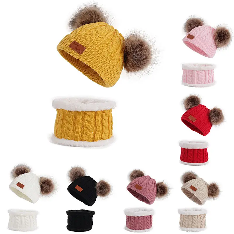 Inverno bambini 2 pezzi sciarpe doppio cappello Pom abiti Gorro lana bambino berretto bambino lavorato a maglia Pom Pom Beanie cappelli sciarpa set