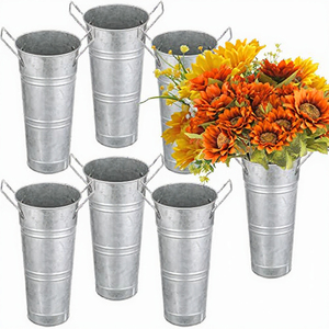Seau à fleurs Art Déco en acier galvanisé, à double poignée, en fer argenté, vase de table, décoration de mariage - Product Image 3