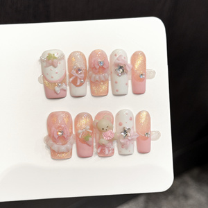 Lot de 10 <span class=keywords><strong>faux</strong></span> <span class=keywords><strong>ongles</strong></span> artisanaux réutilisables roses Kawaii 3D Ours Lapin Fraise Fleur, personnalisables avec logo - Product Image 1