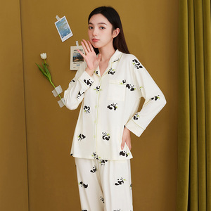 PJ-1463 Ensemble de pyjama pour femme à manches longues imprimé panda, en coton fin, vêtements de maison, taille Miss, 2 pièces - Product Image 3