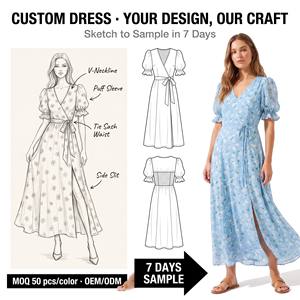 Robe longue en mousseline de soie à imprimé marguerites <span class=keywords><strong>bleu</strong></span> <span class=keywords><strong>ciel</strong></span> avec manches bouffantes pour femme, idéale pour les vacances d'été à la plage, fabricant de vêtements sur mesure OEM ODM - Product Image 1