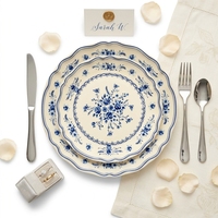 Service de vaisselle en céramique bleu et blanc à fleurs, style campagne française, avec décor vintage, assiettes en porcelaine pour mariages, banquets, hôtels et vente au détail
