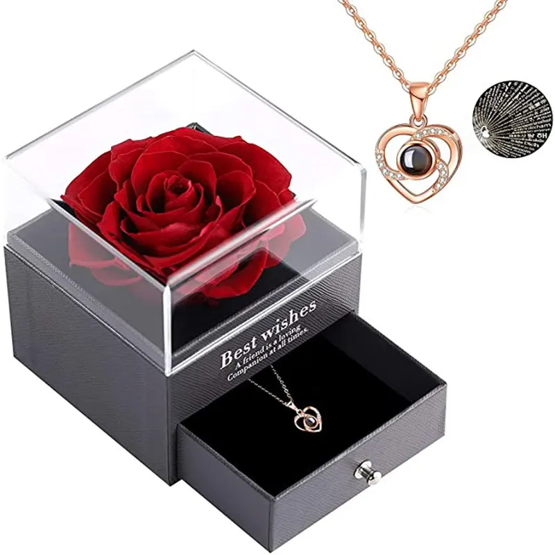 Hadiah Hari Valentine bunga mawar sabun abadi dalam kotak akrilik mawar yang diawetkan dengan cinta Anda Kalung Set Hadiah
