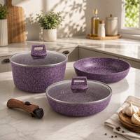 Vente directe d'usine, ensemble de 5 casseroles en aluminium marbré violet, comprenant une plaque à induction et une poignée amovible.