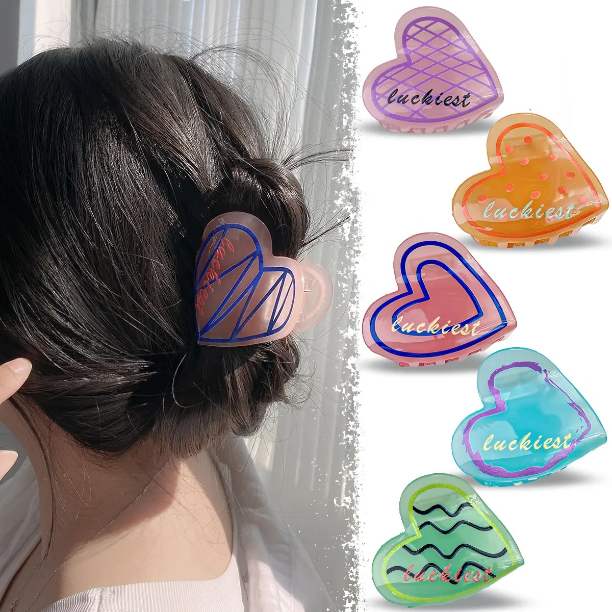 CANYUAN koreanische Art Mode Acryl Herz Haar Kralle Clips benutzer definierte Design UV-Druck Blumen Haars pangen Großhandel