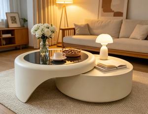 Modern Round <b>Resin</b> Coffee <b>Table</b> With Tempered Glass <b>Top</b> Nesting Design Minimalist Living Room Furniture - Product Image 3
