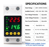 Protecteur de surtension et de sous-tension réglable sur rail DIN 2P DC220V 40A 63A 80A 100A avec double affichage numérique V/A