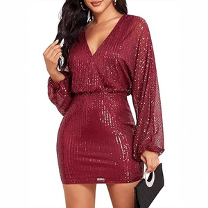 Vestido Mini Cruzado con Lentejuelas para Mujer, Cuello en V, Mangas Largas Abullonadas, Atuendo Brillante para Fiesta, Vestido de Cóctel - Product Image 1