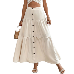 New Trend Women's Empire Waist Spring Vacation Solid Elegant Cake Ruched Casual <b>Elastic</b> Button Breathable Maxi <b>Skirts</b> Stylish - Product Image 1