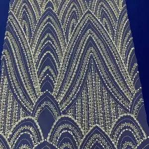 2023 nuevo diseño precio de fábrica cuentas bordadas de lujo gasa de boda tela de encaje con cuentas blancas vestido de novia