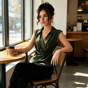 Elegante Blusa de Satén sin Mangas para Mujer con Cuello Camisero y Detalle de Cinturón para Uso en la Oficina - Product Image 1