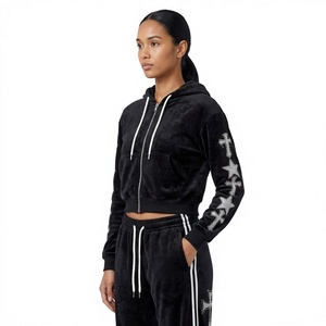 <b>Women</b> Black <b>Velvet</b> <b>Tracksuit</b> Zip Up Cropped Hoodie And Jogger Pants With Rhinestone Sleeve - Product Image 3