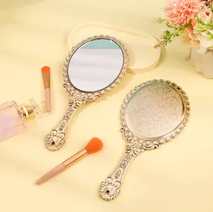 Wholesales Custom Logo Handheld Mirror Electroplating Retro Hand Held Makeup Mirrors Gold Oval Vanity Mirror