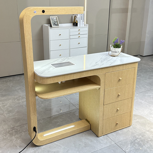 Modern <b>Simple</b> Wooden Color Single Nail Table with LED Light and Drawers White Stone Top Manicure Lamp <b>Desk</b> Nail Table for Nail - Product Image 1