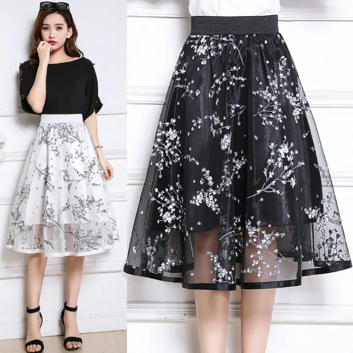 Falda con estampado floral para mujer, faldas largas informales con encaje, estilo 2021