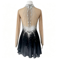 Robe de patinage artistique à col haut et manches longues, dégradé noir et blanc avec strass, en tissu mesh pour compétition et spectacle sur glace (adultes et enfants)