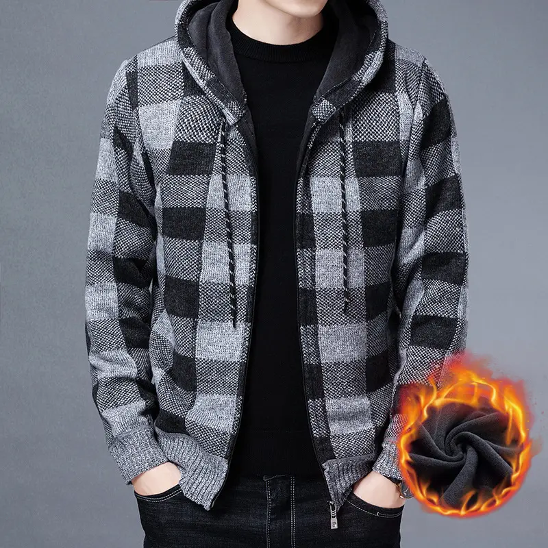 New Men's Sweater Coat 2021 Autumn Winter Thick Warm Hooded Plaid Wool Sweater Cardigan Jumpers Zipper Fleece Coat Men