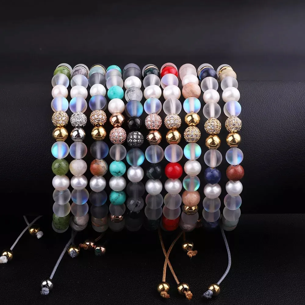 New Design Semi-precious Stone Natural Gemstone Pearl Beads CZ Pave Disc Ball Custom Logo Macrame Friendship Bracelet Girls