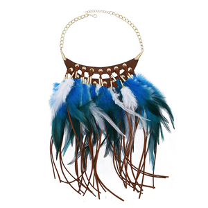 Collier en cuir et métal avec pampilles en plumes, style bohème <span class=keywords><strong>chic</strong></span>, accessoire de décoration indienne, vente en gros - Product Image 4