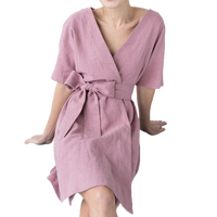 Robe en lin pour femme, robe courte à manches courtes avec ceinture, tenue décontractée d'été, vêtement de détente léger en lin naturel