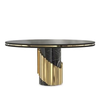 Ensemble de tables rondes de salle à manger de luxe léger avec plateau en marbre naturel et pieds en acier inoxydable, 6 chaises