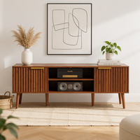 Meuble TV moderne du milieu du siècle de 54,3 pouces, console multimédia en bois avec rangement, convient aux téléviseurs jusqu'à 65 pouces, placage en noyer, meubles de salon