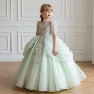 Robe de soirée longue vert menthe Wn1794 avec perles de cristal, manches bouffantes, surjupe, idéale pour bal de promo, mariage ou fête formelle - Product Image 1