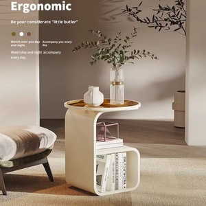 Tavolo laterale curvo moderno a due livelli in vetro e legno con ripiano aperto per soggiorno camera da letto pianta libro Display - Product Image 5