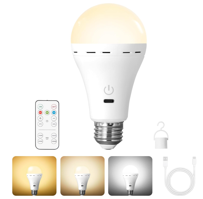 Rechargeable LED Light Bulb Remote Control Portable USB Charging E26 3 Color Dimmable Wireless Emergency Battery Lamp Hanging