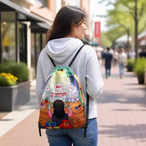 Mochila con cordón de poliéster con estampado de dibujos animados amarillos, bolsa escolar portátil unisex para el gimnasio y el día a día - Product Image 4