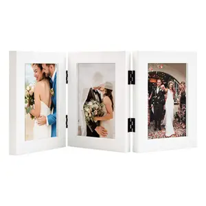 Three Picture Frame Trifold Hinged Desktop Tabletop Moulding Photo Picture Frame Wood Material With Real Glass
