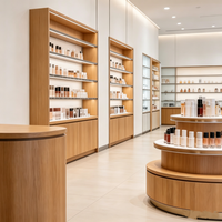 Étagère murale LED en bois clair pour présentoir cosmétique, comptoir îlot à niveaux ronds, bureau de réception incurvé pour salon de beauté