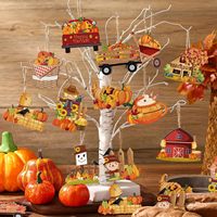 12 décorations d'automne écologiques pour la maison : ornements d'arbre en bois, citrouilles, écrevisses, carrosses ajourés, balles de foin pour Thanksgiving