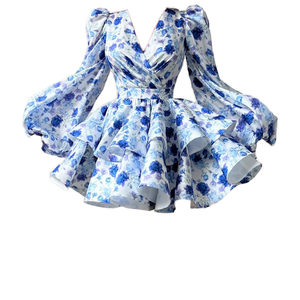 Robe Courte d'Été Décontractée Bleue à Volants et Fermeture Éclair au Dos pour Femme, Tissée Respirante, à Manches Longues, Imprimé Floral, Collection 2025 - Product Image 1