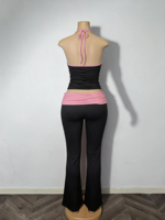 Ensemble Lounge d'été 2 pièces pour femme, personnalisé avec imprimé assorti, comprenant un crop top dos nu sans manches et un pantalon évasé, en coton et élasthanne de haute qualité