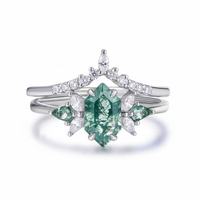 Bague en argent sterling 925 avec agate verte naturelle en forme d'hexagone long et pierres latérales en forme de cerf-volant, bijoux