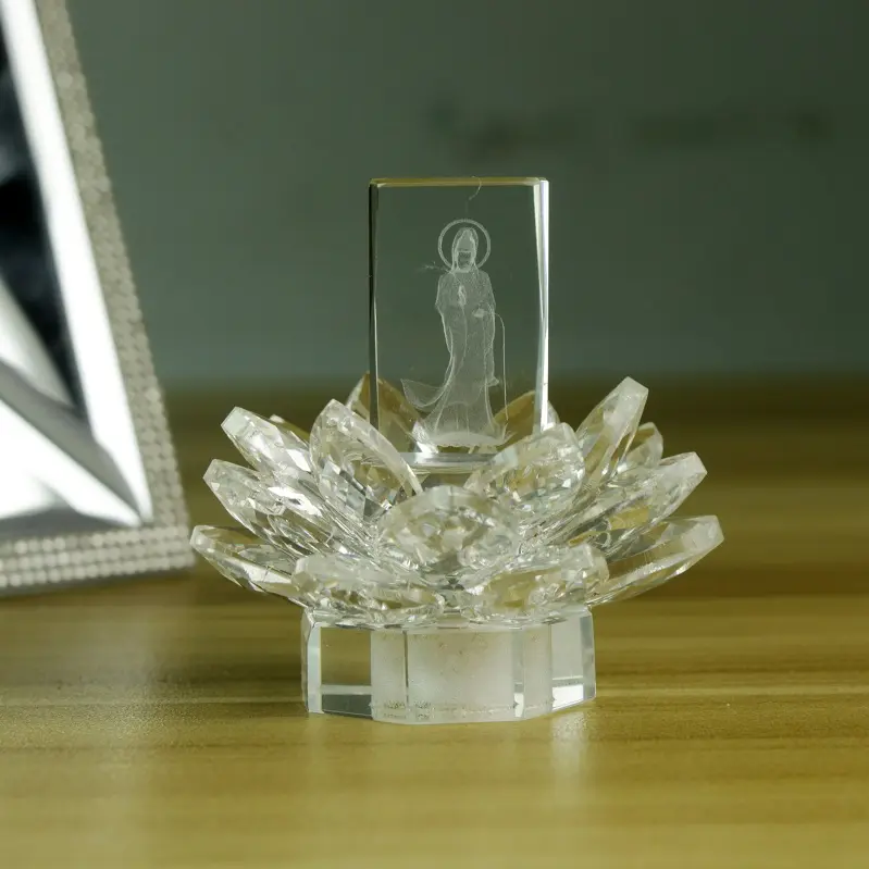 South Korea Hot Sell Crystal Lotus 3D Laser Engraved Cube Buddhism Gift Wholesale
