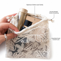 Pochette en dentelle brodée ivoire style français OEM ODM avec cordon de serrage, maille ajourée, transparente, pour cosmétiques, vente en gros, fabricant, logo personnalisé