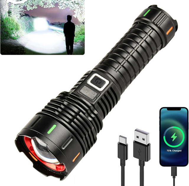 Long Range Metal Flashlight High Lumens 1000 USB-C Zoom Linterna Torch Light Tactical LED Powerful Flashlight Rechargeable