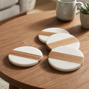 Handmade Round Marble and Wood <b>Coasters</b> Set Natural Stone <b>Drink</b> <b>Coasters</b> for Table Decor Decorative <b>Coasters</b> set of 4 - Product Image 3