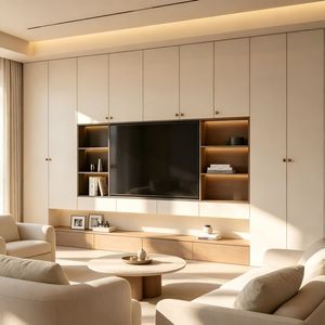 Meubles de salon modernes, luxueux et minimalistes, couleur crème, avec armoires de rangement, meuble TV, ensemble de table basse, design intégré au mur - Product Image 1