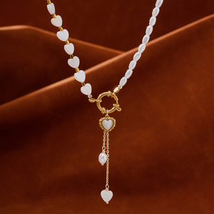 Collana con Ciondolo Asimmetrico a Cuore ABAS con Perle e Occhio di Tigre, Placcata in Oro 18K, Girocollo in Acciaio Inossidabile con Nappa per Donne - Product Image 4