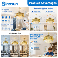 Ventilateur de plafond LED en cristal de luxe, design silencieux, moderne, pour salle à manger, 42 pouces, 3 pales, 6 vitesses réglables, télécommande, OEM/ODM