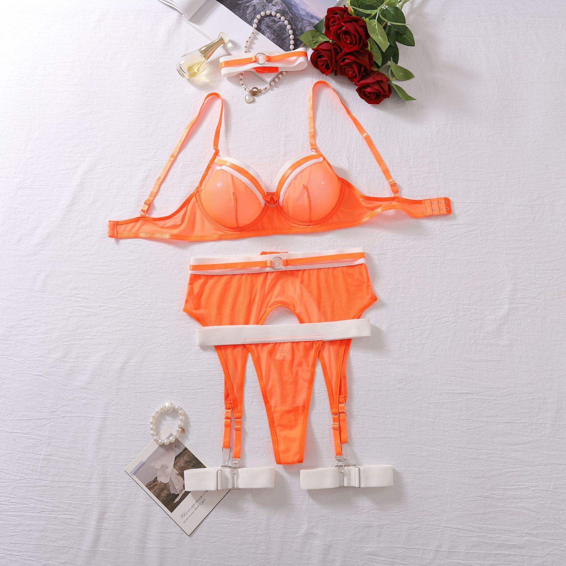 New Custom Private Label Wholesale Bulk Orange Valentines Day Lingerie Mesh Sexy Lingerie 3 Piece Set Women Lingerie Set Vendor